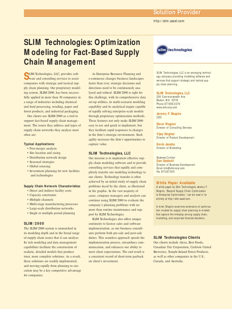 SLIM Technologies: Optimization Modeling For Fact-Based Supply Chain ...