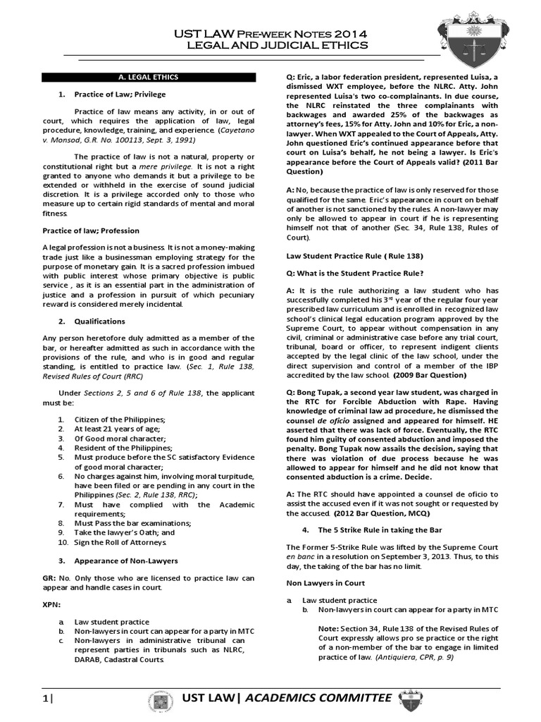 UST Legal Ethics Bar Pre Week PDF PDF Practice Of Law Lawyer