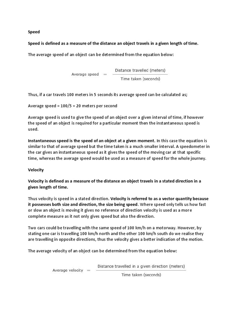 Speed Velocity Physics Igcse Notes Pdf Speed Velocity