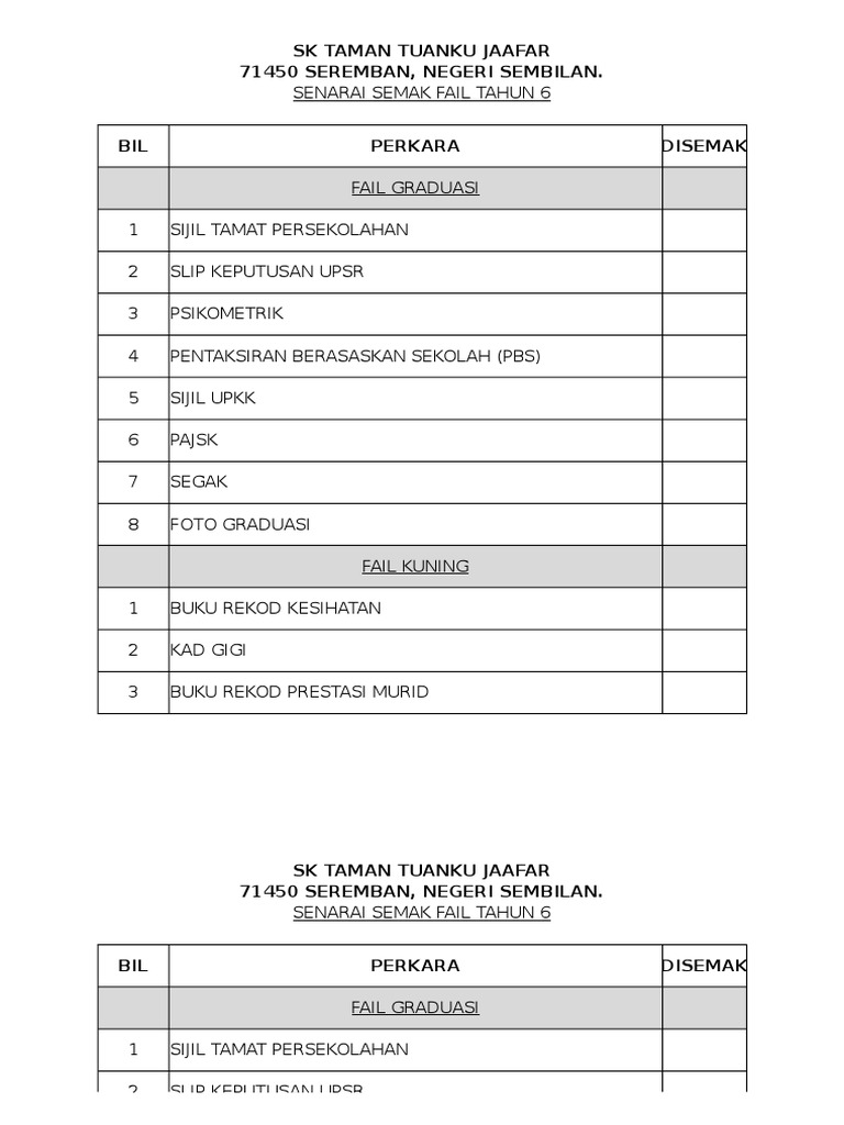 Senarai Semak Fail Tahun 6