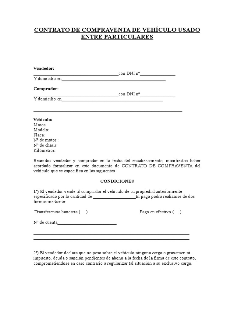 Contrato de Compraventa de Vehículo Usado Entre Particulares | PDF |  Derecho civil (sistema legal) | Ley común