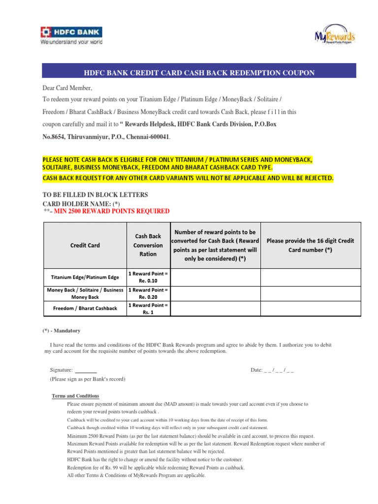 HDFC Credit Card Cashback Redemption Form | PDF | Credit Card | Loyalty ...