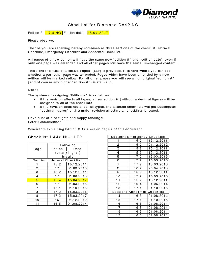 DA42 NG Emergency Procedures Checklist | PDF | Aircraft Flight Control ...
