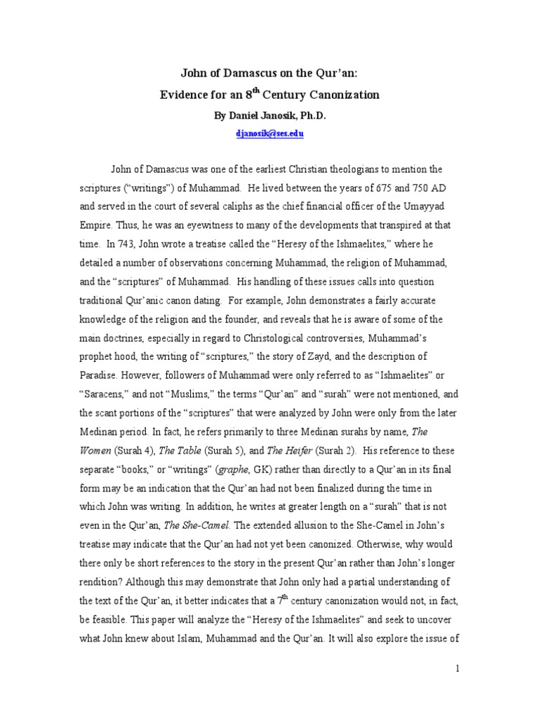 John of Damascus On The Quran PDF Quran Islam