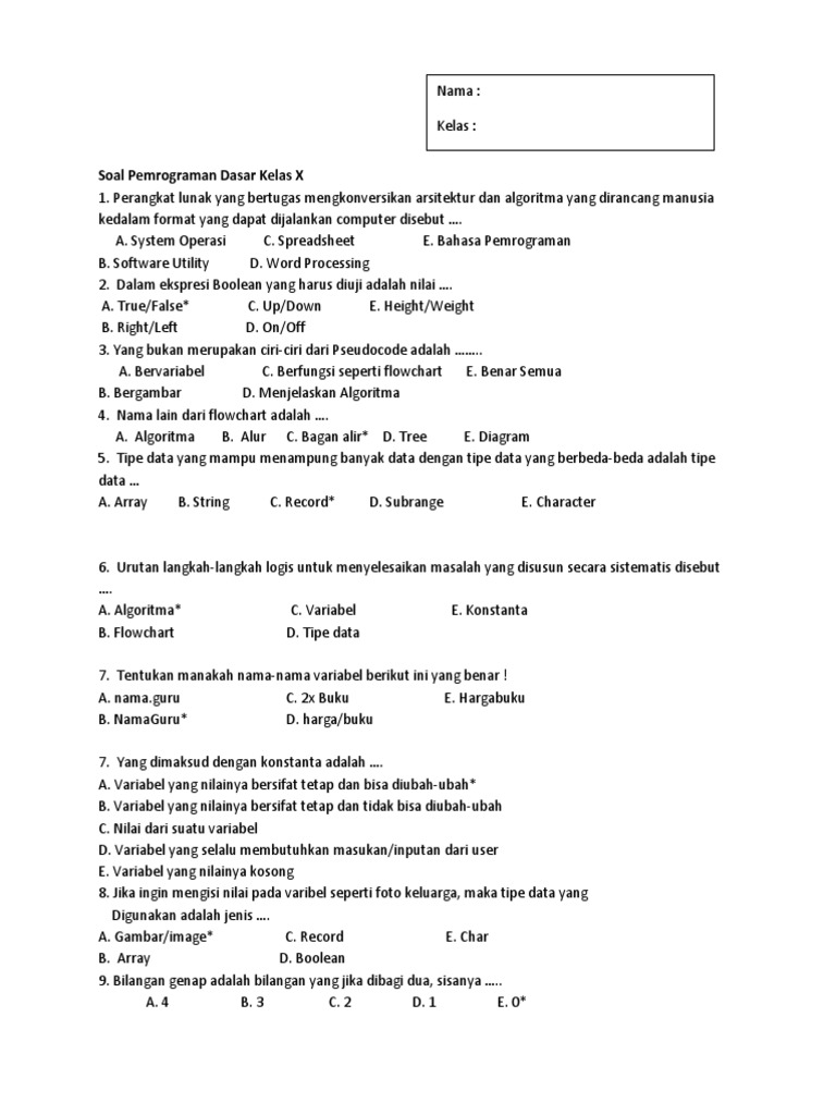 Soal Essay Pemrograman Dasar Kelas X