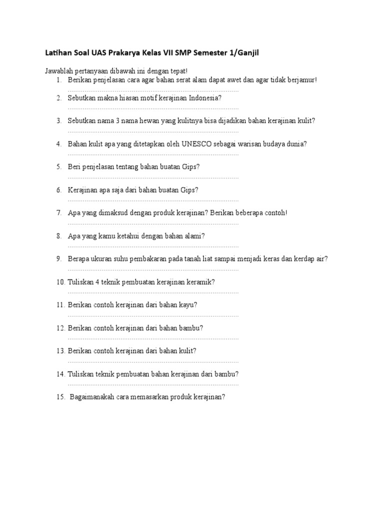 Latihan Soal Uas Prakarya Kelas Vii Smp Semester 1 Doc