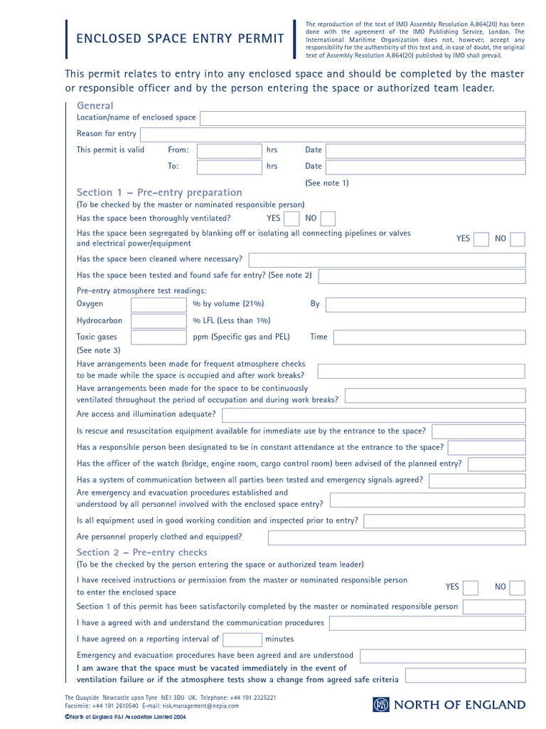 Enclosed Space Entry Permit PDF | PDF | Breathing | Gases