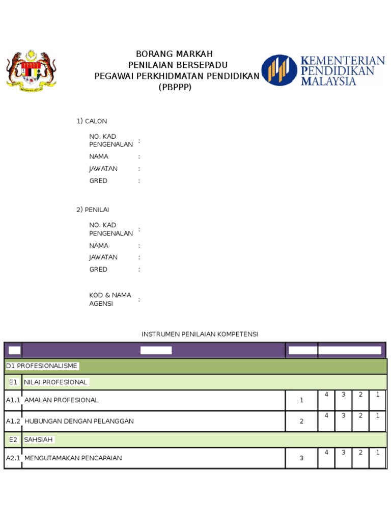 Borang Markah Instrumen Pbppp Pdf
