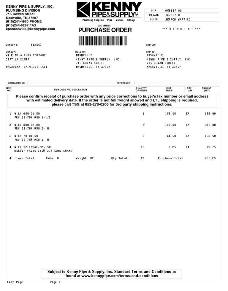 Purchase Order for Kenny Pipe Supply | PDF | Supply Chain Management ...