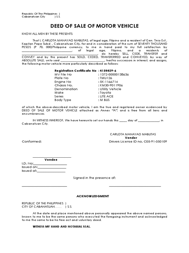 deed of assignment of motor vehicle philippines