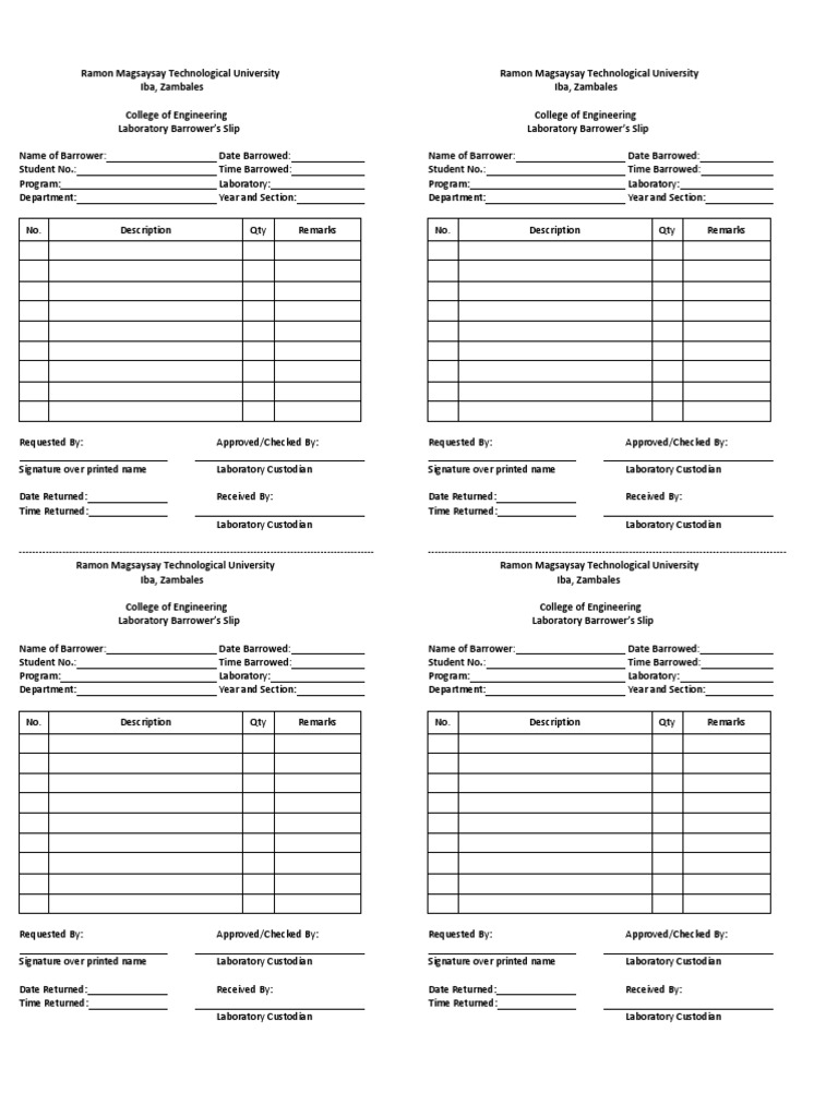 Laboratory Barrower's Slip Business