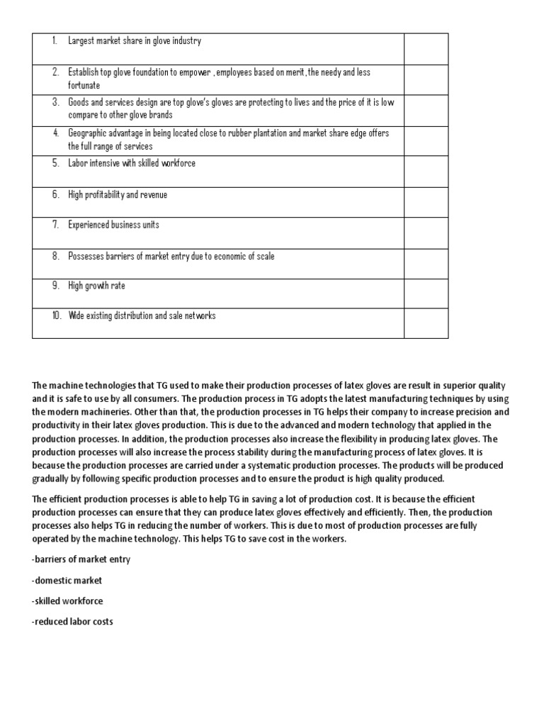 Strength and Weaknesses Top Glove | PDF | Natural Rubber | Employment