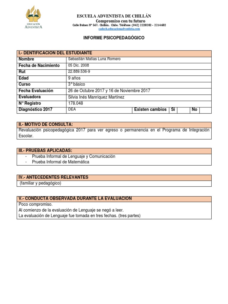Ejemplo de informe psicopedagogico pdf evaluaci n ciencia cognitiva