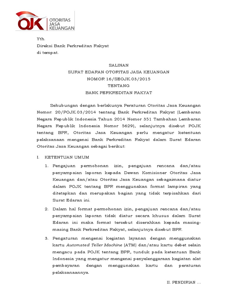 Surat Edaran Otoritas Jasa Keuangan Nomor 16 Seojk 03 2015