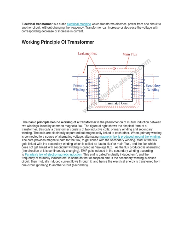 Working Principle of Transformer: Electrical Machine | PDF ...