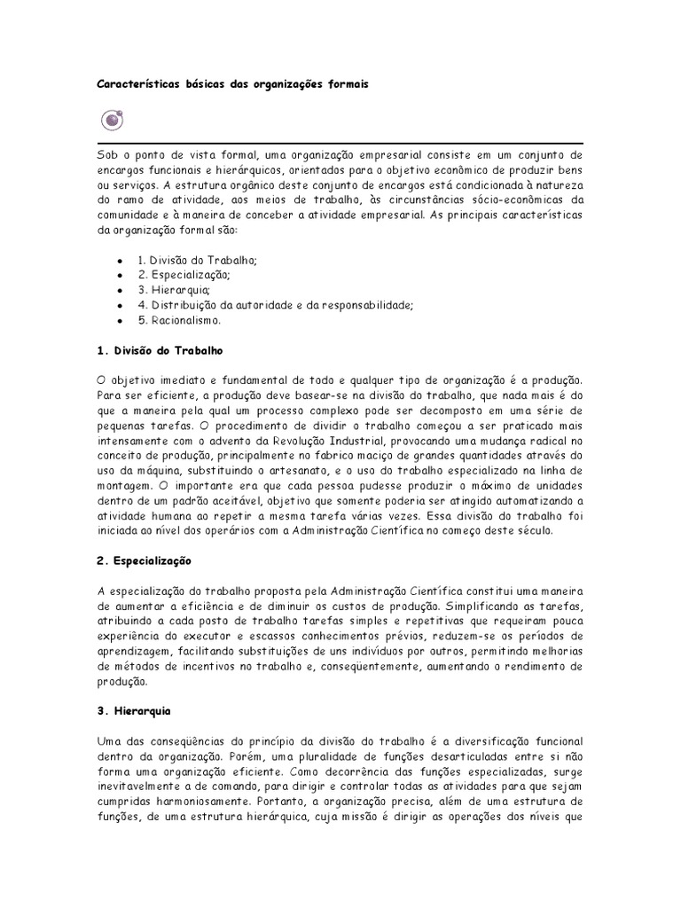 1 Características Básicas Das Organizações Formais Modernas