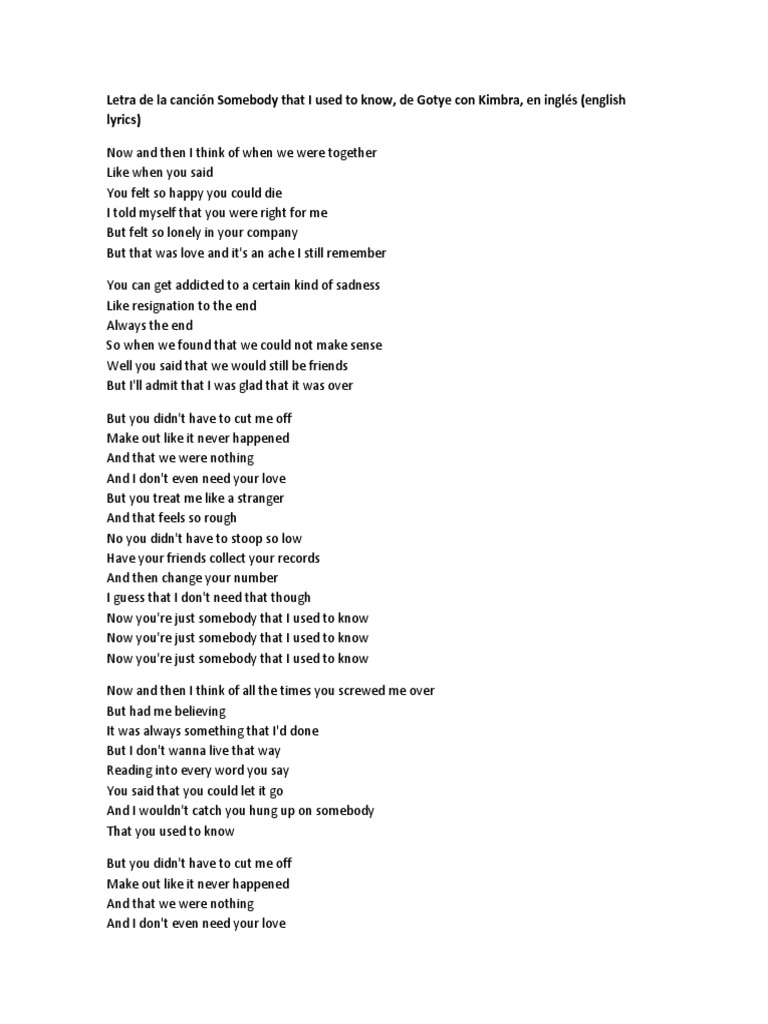 Letra Cancion Somebody That I Used To Know En Espanol