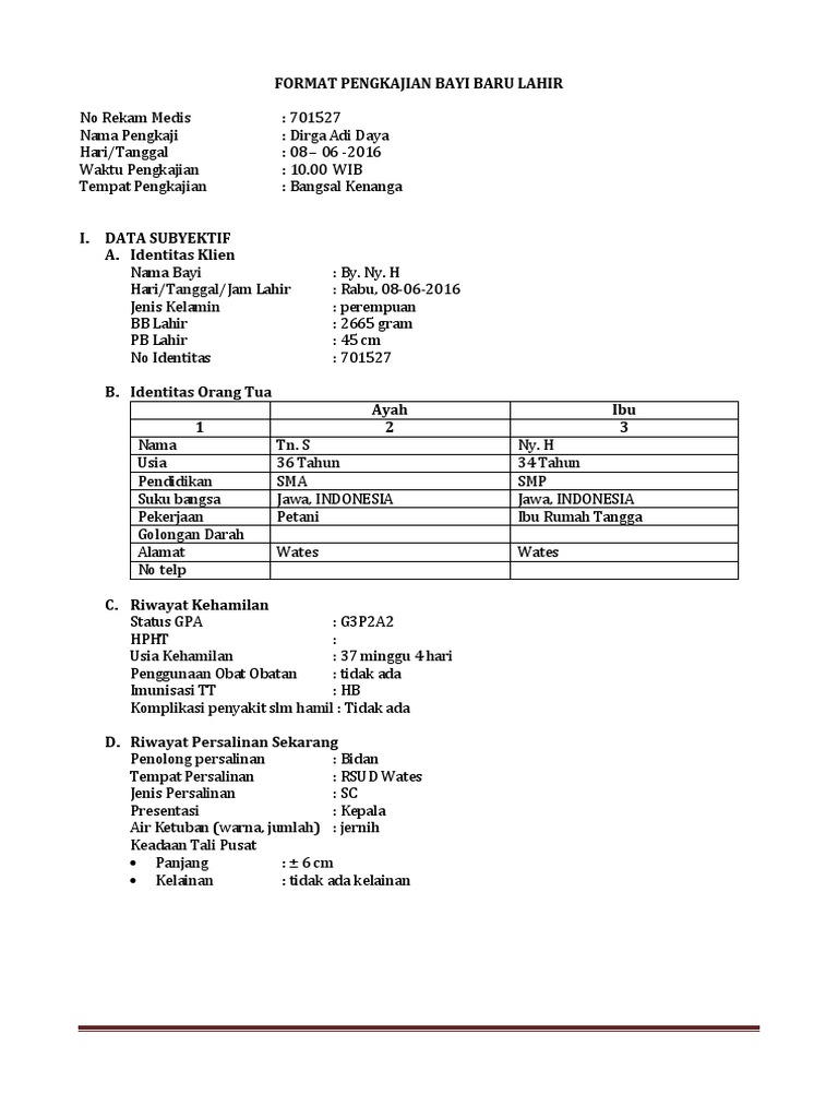 Format Pengkajian Bayi Baru Lahir