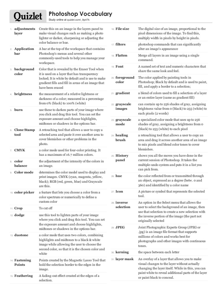Photoshop Vocabulary and Definitions | PDF | Adobe Photoshop | Imaging