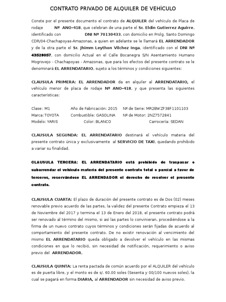 Contrato Alquiler Taxi | PDF | Vehículo de motor | Vehículos