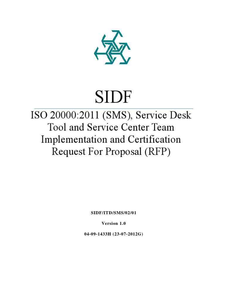 RFP For ISO 20000 Service Desk ImplementationFinalbackup PDF It