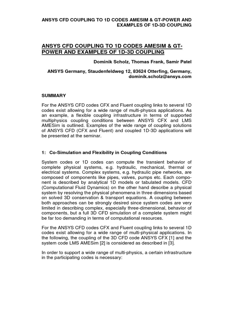Ansys CFD Coupling To 1D Codes Amesim & GtPower and Examples of 1D3D