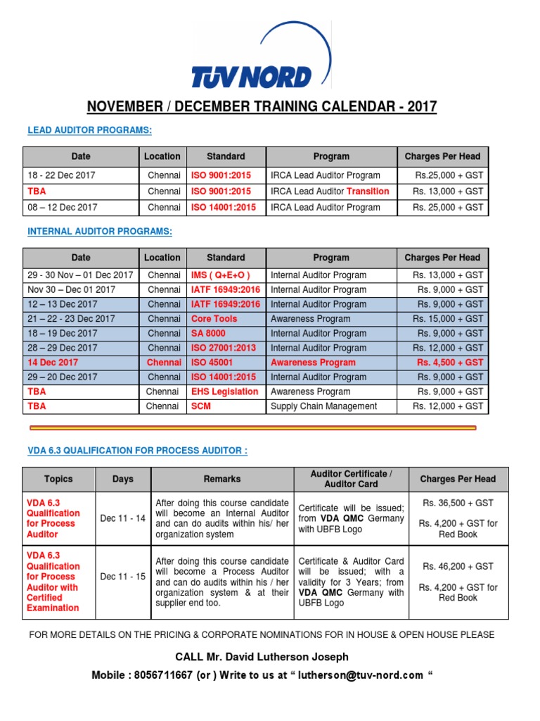Tuv Training Calendar Nd2017 r0 Internal Audit Business