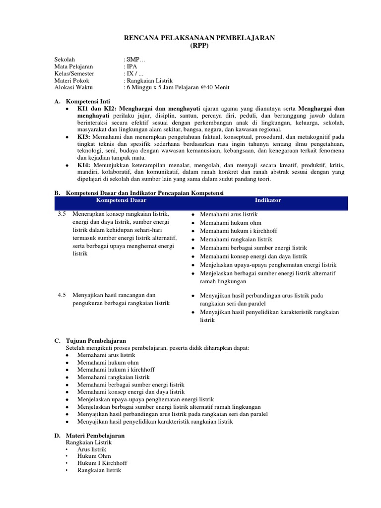Rencana Pelaksanaan Pembelajaran Rangkaian Listrik Rencana Pelaksanaan Pembelajaran Rangkaian Listrik