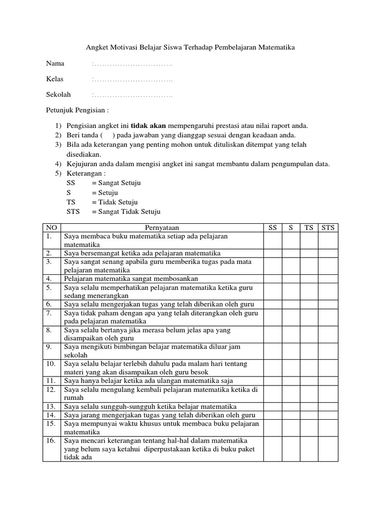 Angket Motivasi Belajar Siswa Terhadap Pembelajaran Matematika | PDF