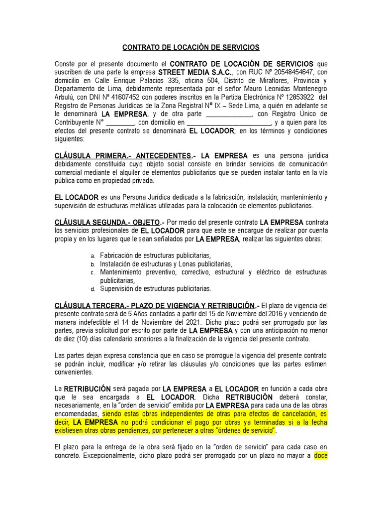 contrato Tipo de Locacion Derecho laboral Ley común