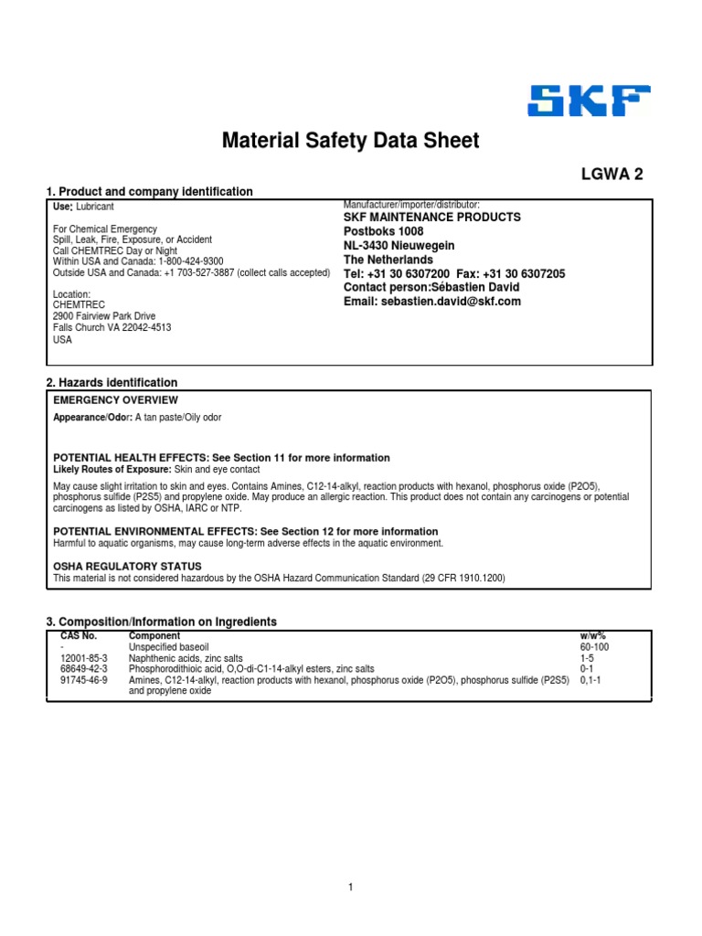 SKF Grease LGWA 2 PDF Phosphorus Water
