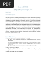 Code: MCA009D Subject: Programming in C++: Credit: 04 Course Description