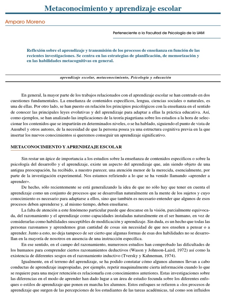 Metaconocimiento en el Aprendizaje Escolar | PDF | Memoria | Aprendizaje
