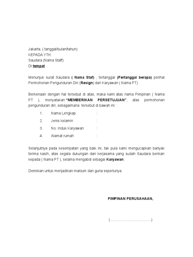 Contoh Surat Balasan Resign Ke Karyawan