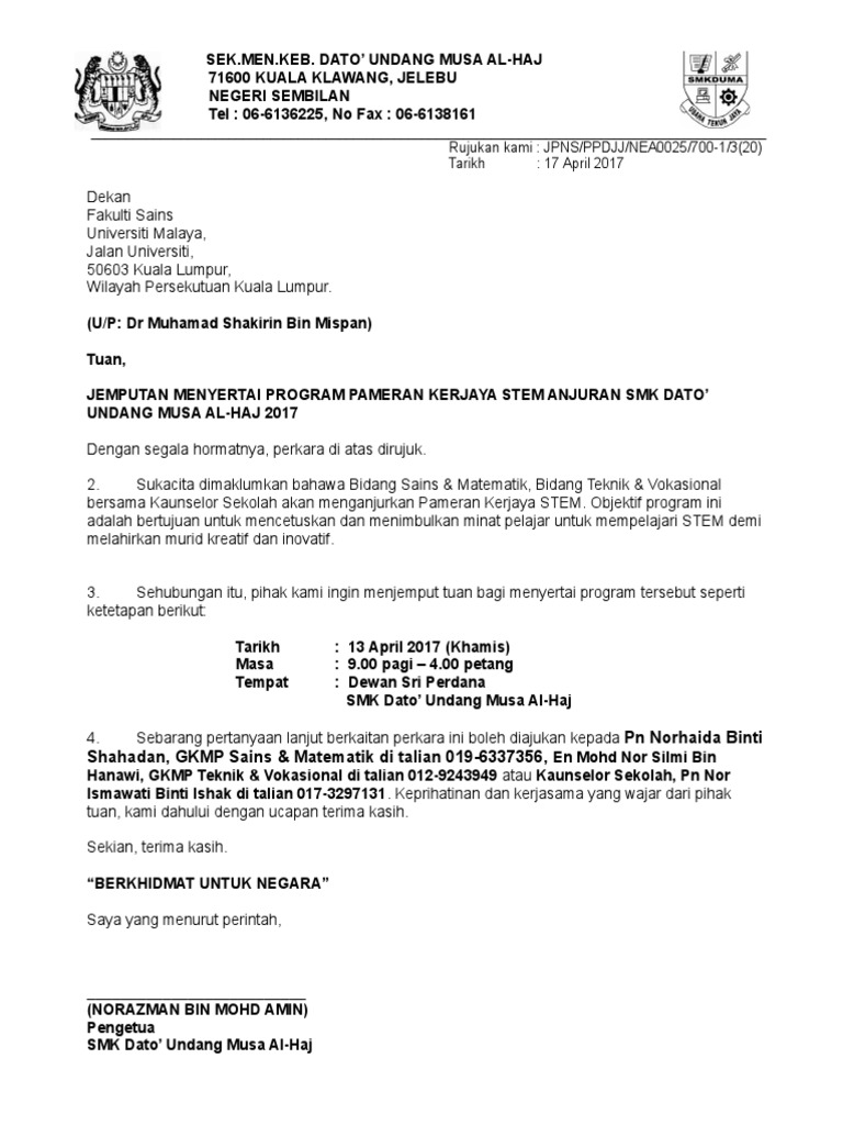 Contoh Surat Jemput Jabatan Buka Counter Utk Pameran