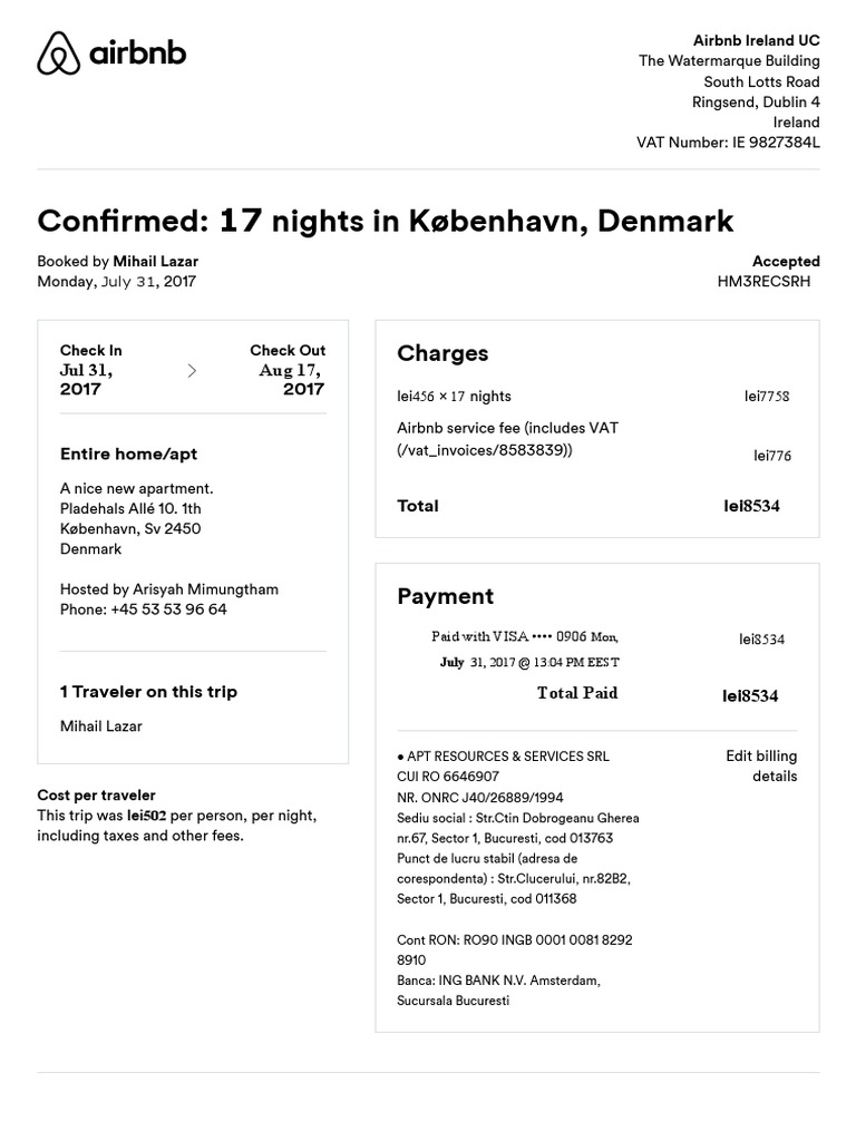 Airbnb Travel Receipt Confirmation Code HM3RE4CSRH 2 | PDF | Airbnb | Fee