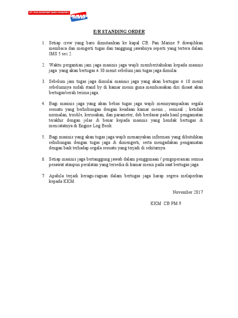 Prosedur Standing Order Masinis Kapal | PDF