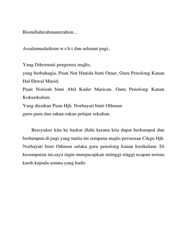 Contoh Teks Ucapan Murid Untuk Persaraan Guru Pdf