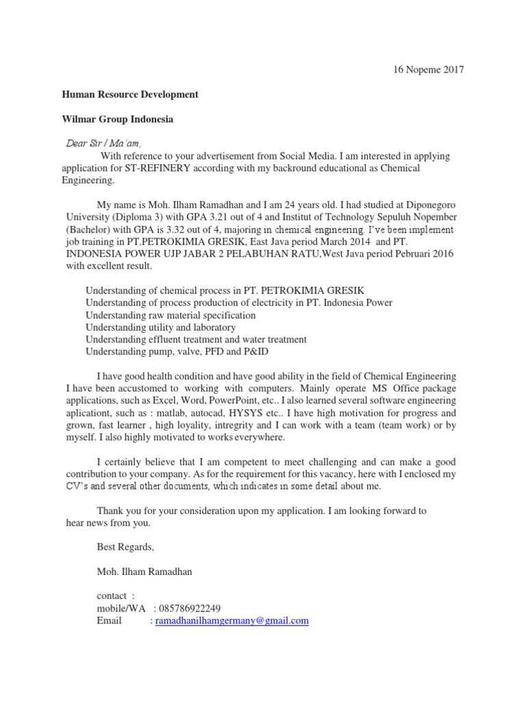 Application Letter Wilmar Group Indonesia