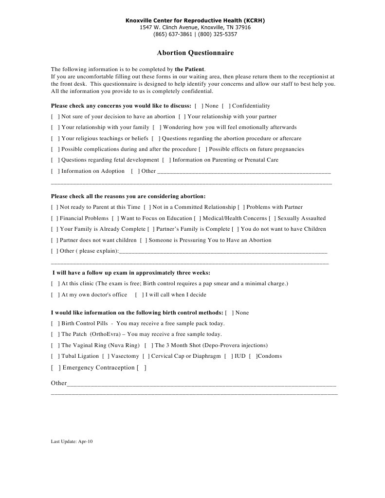 Abortion Questionnaire for Patients | PDF | Birth Control | Woman