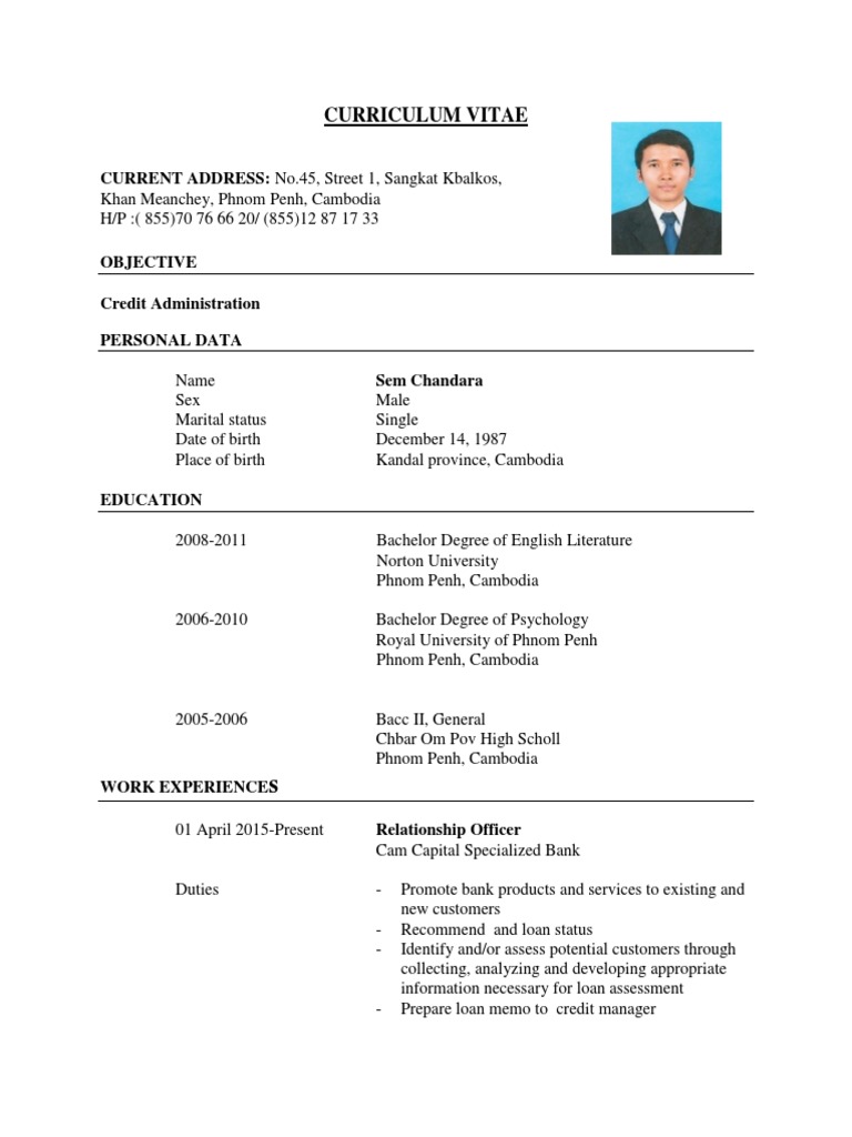 Curriculum Vitae Current Address No 45 Street 1 Sangkat Kbalkos Pdf Phnom Penh Cambodia