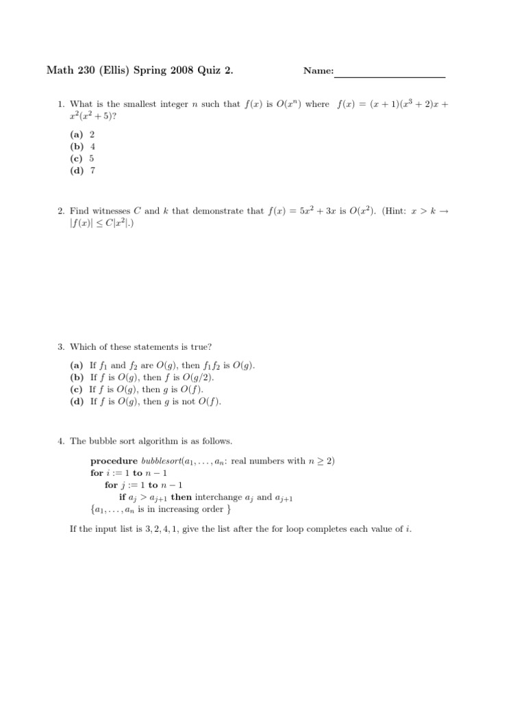 Math 230 Spring 2008 Quiz 2 Solutions | PDF