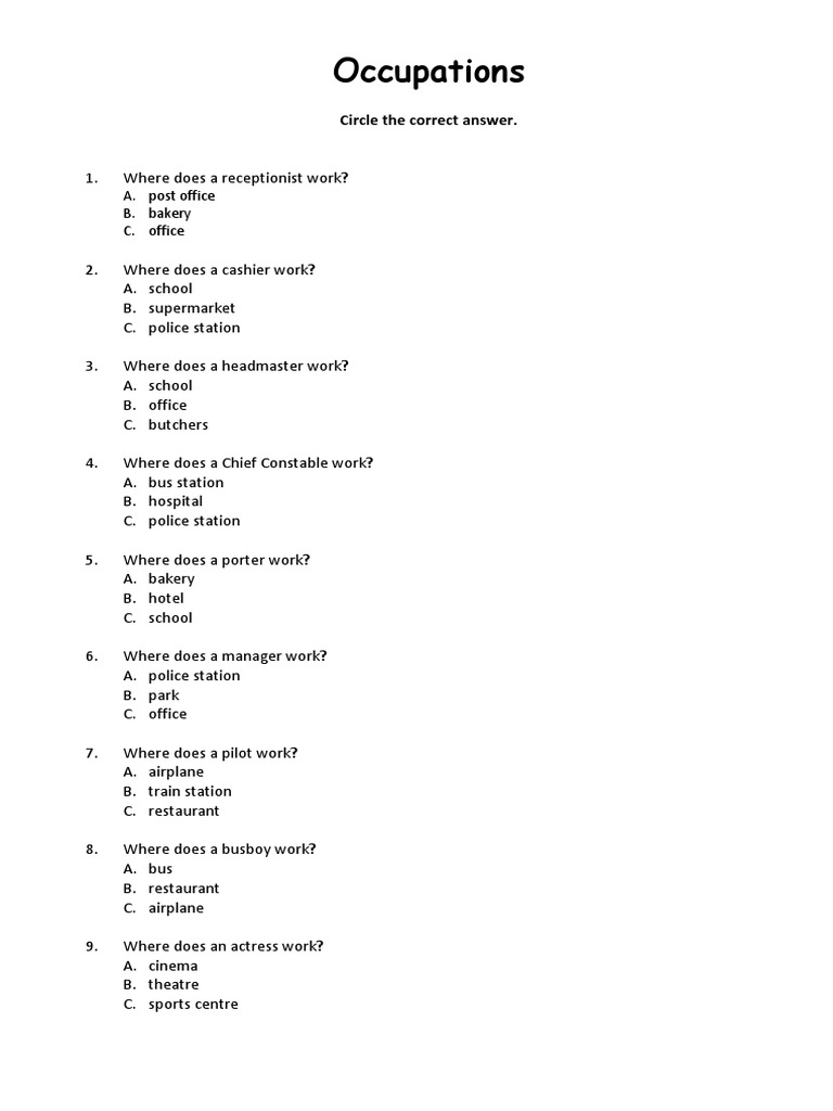 Occupations and Their Workplaces Quiz | PDF