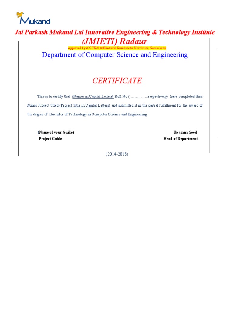 B.Tech CSE Minor Project Certificate | PDF