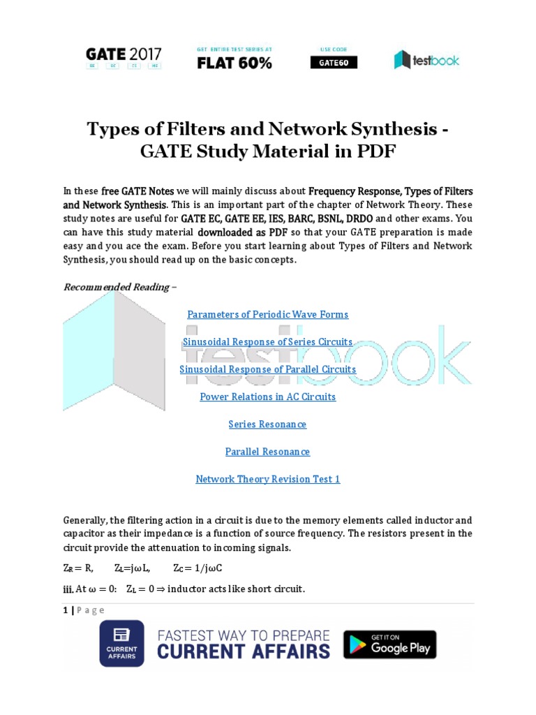 Types of Filters and Network Synthesis GATE Study Material in PDF PDF