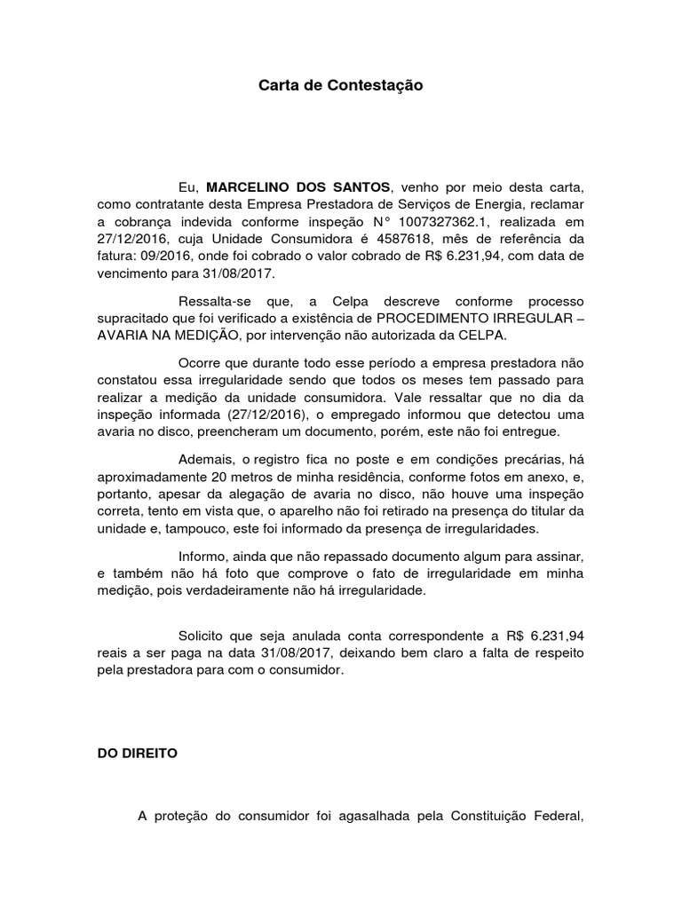 Carta de Contestação Celpa  PDF  Proteção ao Consumidor  Informação