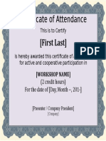 Certificate of Attendance for WORKSHOP NAME