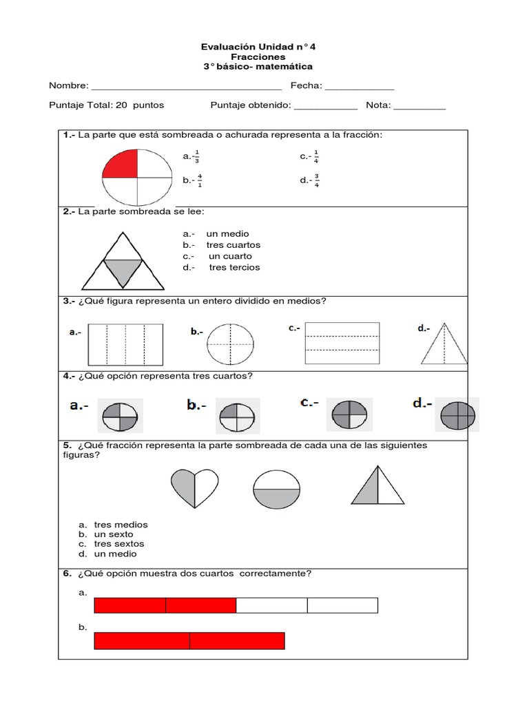 Prueba Fracciones Tercero, PDF, Fracción (Matemáticas)