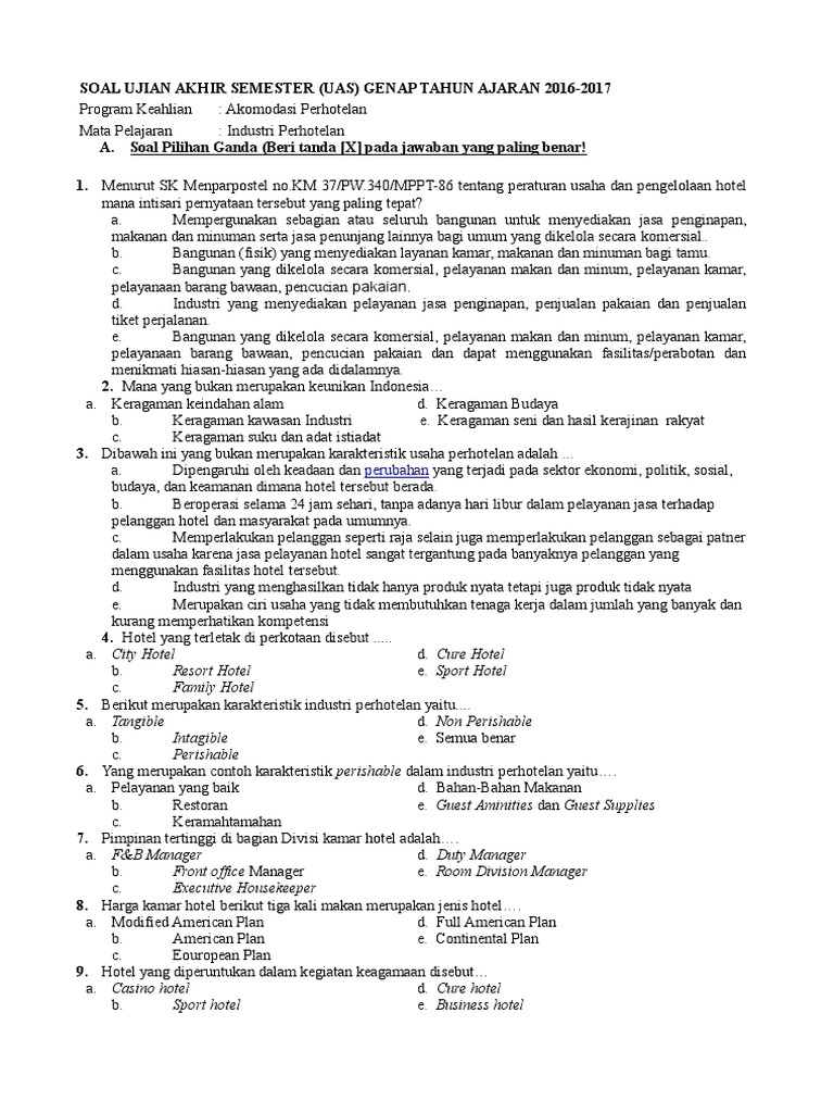 Soal Uas Industri Perhotelan Smt Genap 2016 2017