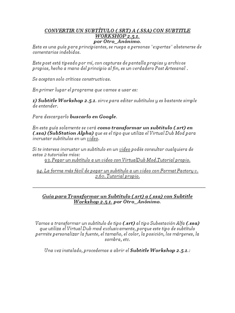 Convertir SRT a SSA con Subtitle Workshop | PDF